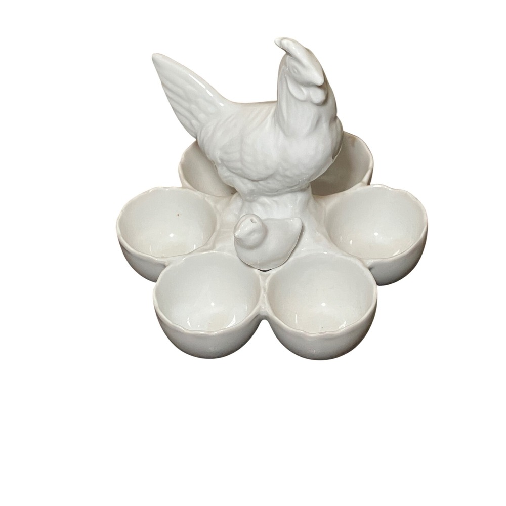 Vintage White Ceramic Chicken & Chick 6/ Compartment Serving Dish / Snack Tray